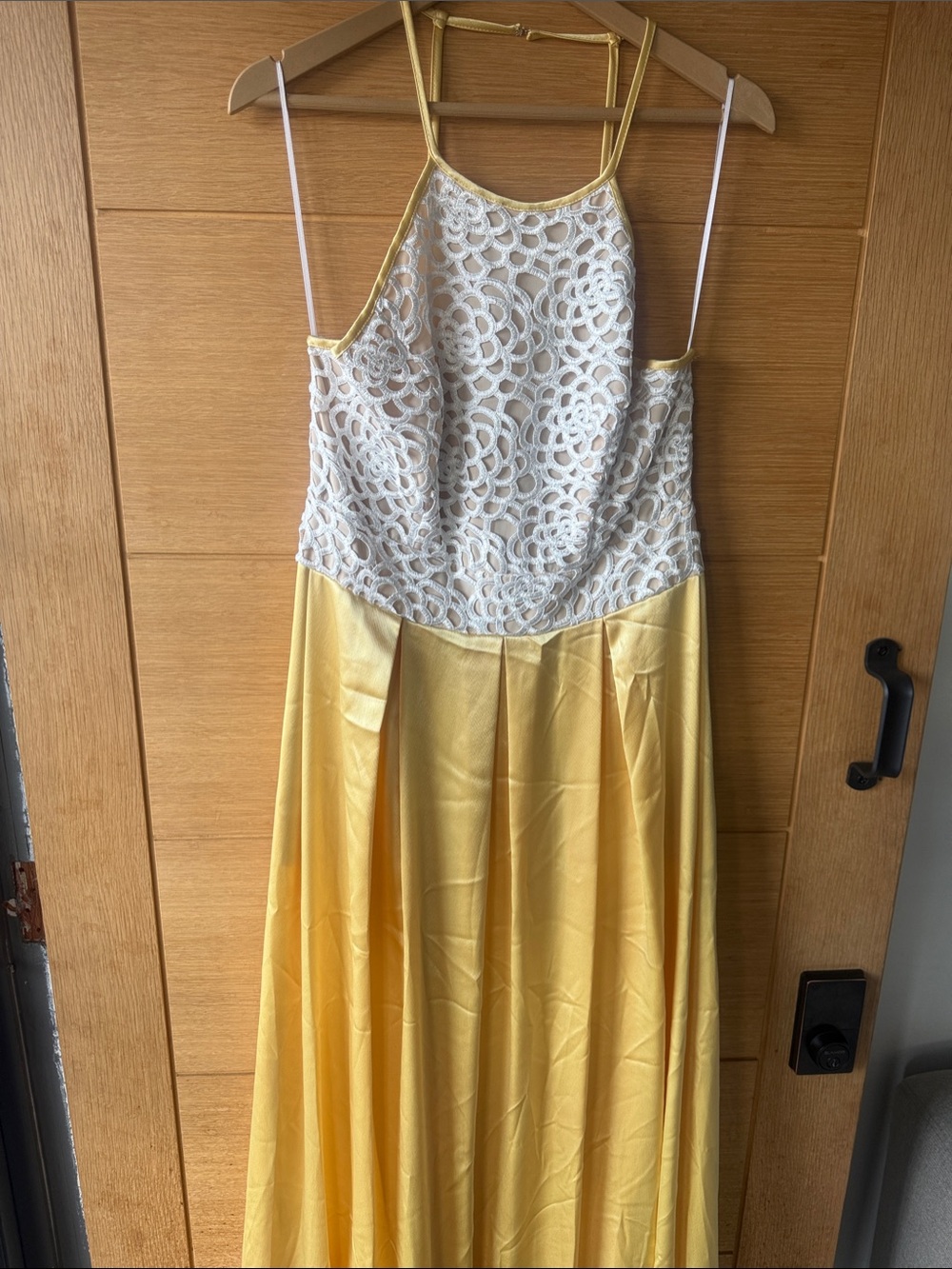 ABS Allen Schwartz Yellow and White Lace Halter Maxi Dress